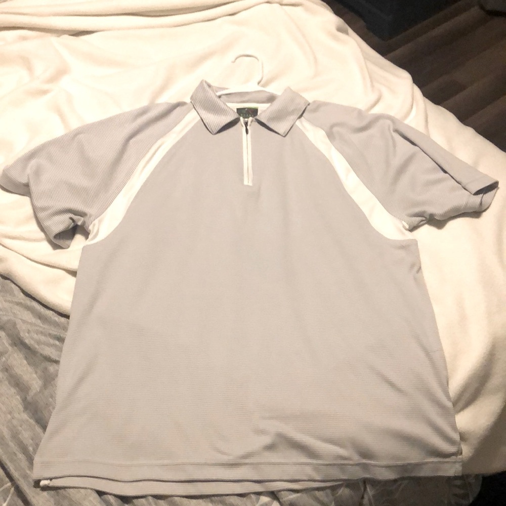 Men’s size medium gray & white striped polo.